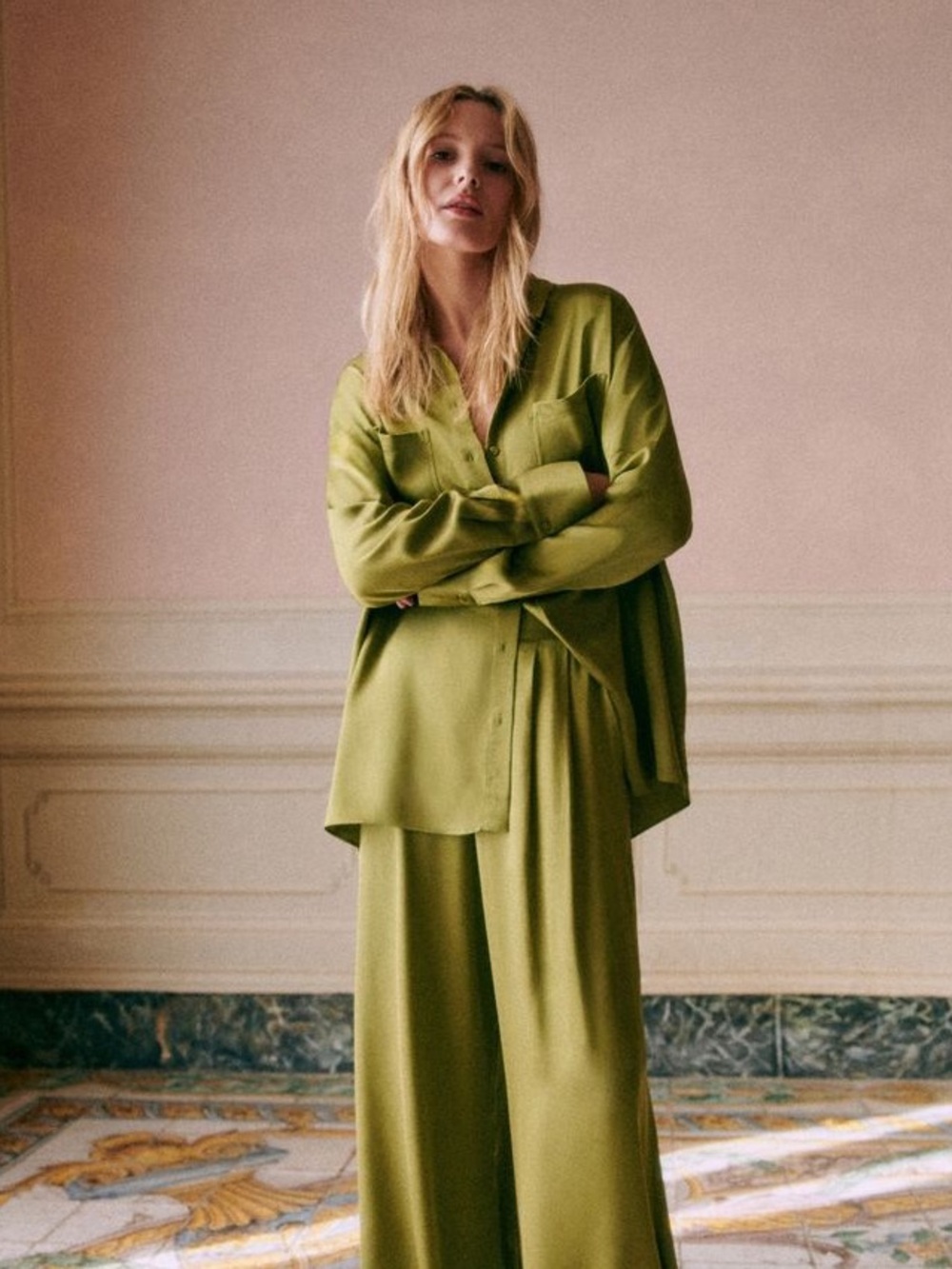 Sezane Olive Green Satin Button-Down Shirt
